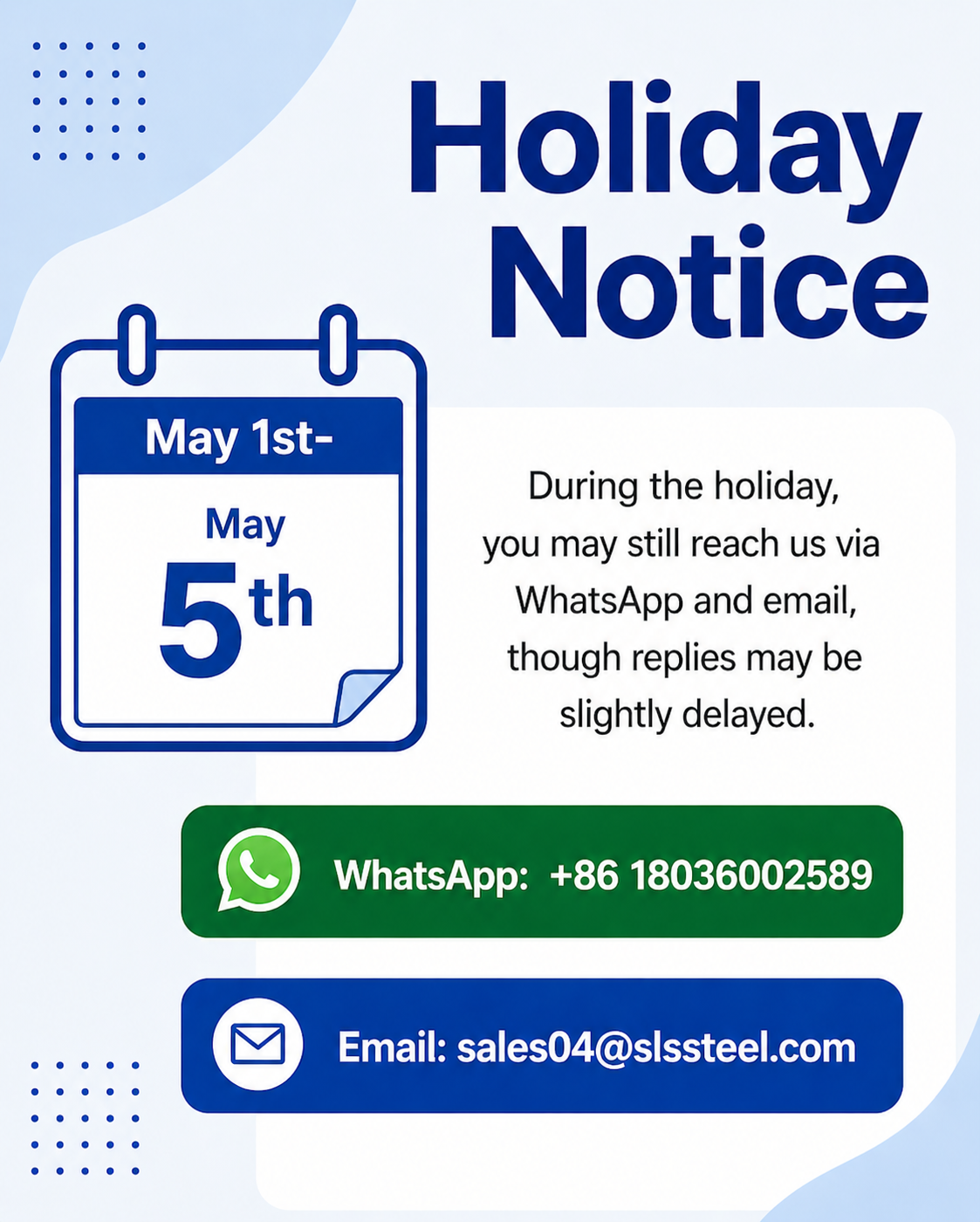 Laatste bedrijfsblogs 2026 Labor Day Holiday Notice. Wuxi Sylaith Special Steel zorgt voor stabiele wereldwijde aanvoer.